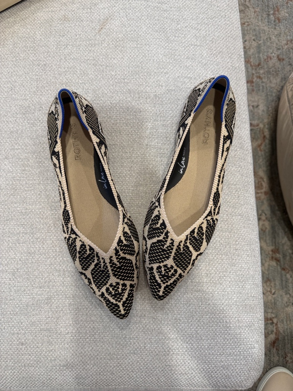 Rothy's Women's Pointed Flats in Black and Cream Animal Print